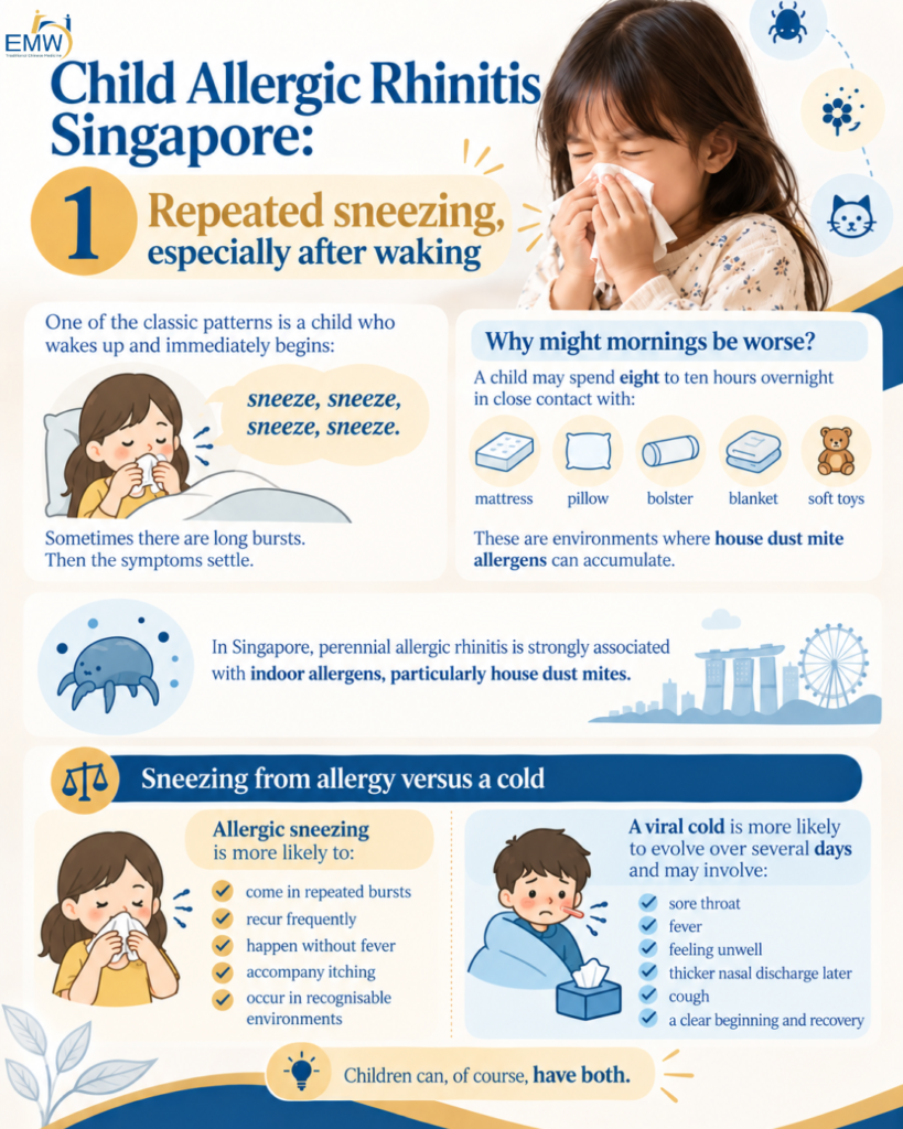 Repeated sneezing, especially after waking
