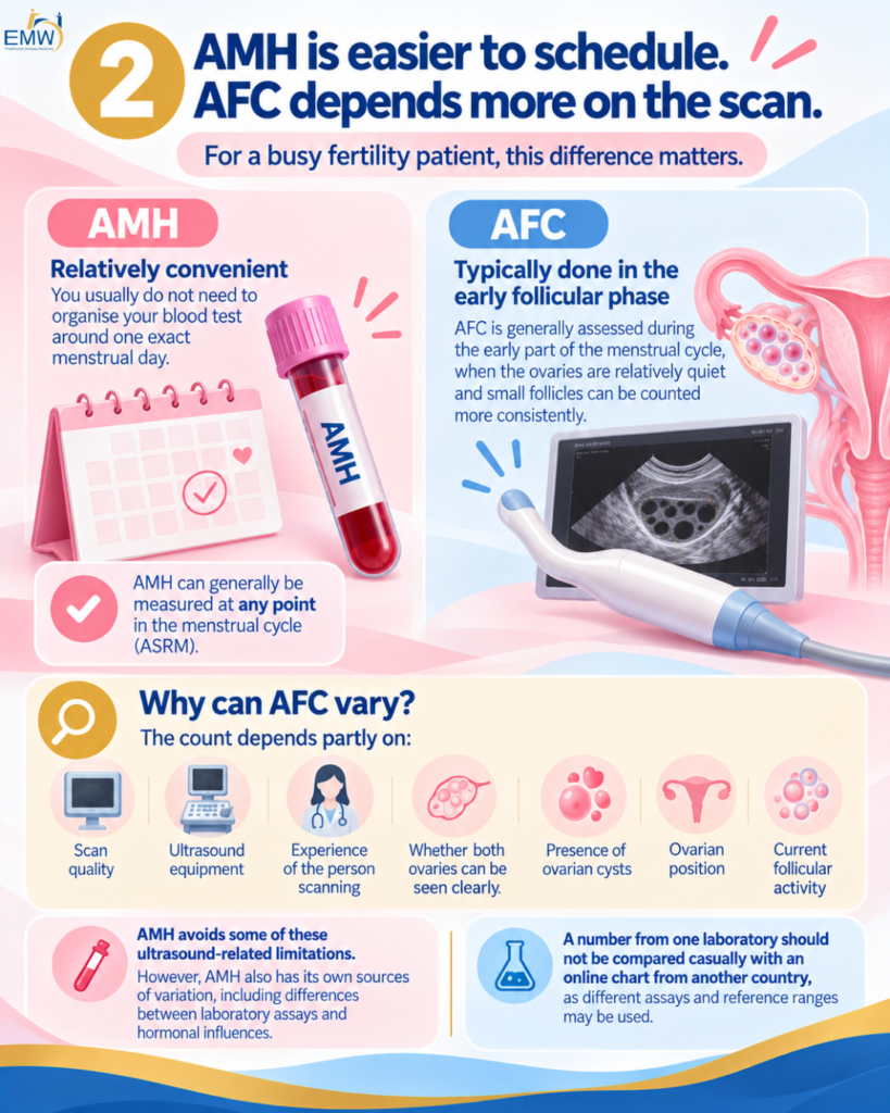AMH is easier to schedule. AFC depends more on the scan