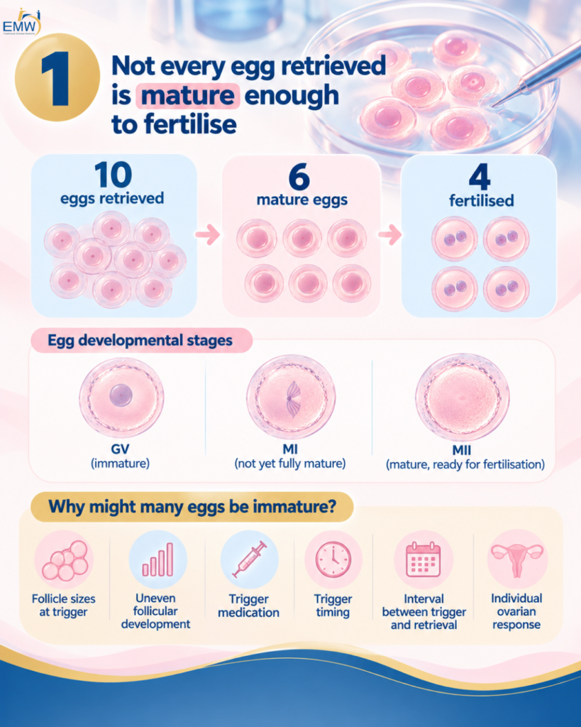 Not every egg retrieved is mature enough to fertilise
