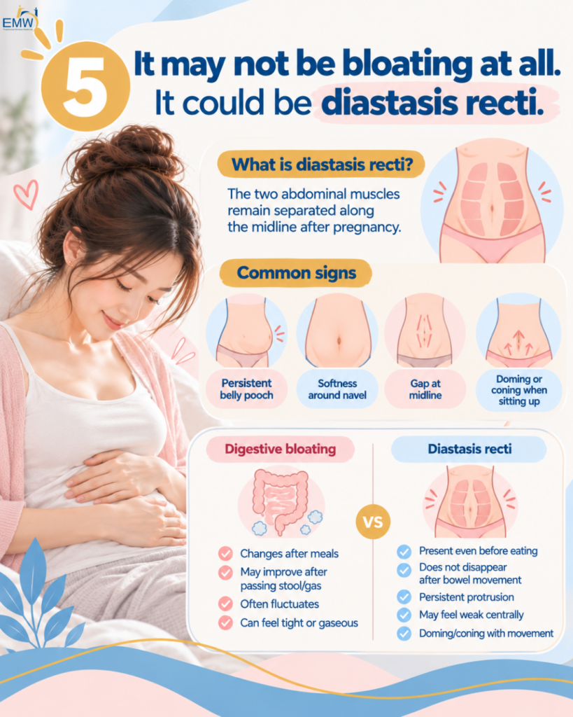 it may not be bloating at all. it could be diastasis recti